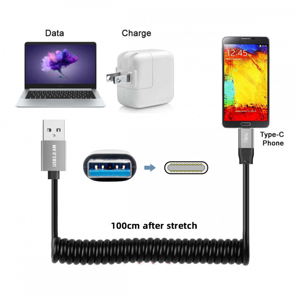 USB 3.0 Type-A Male to USB-C Type-C Male Stretch Coiled Cable 100cm Extension 5Gbps for Disk Phone Camera Data