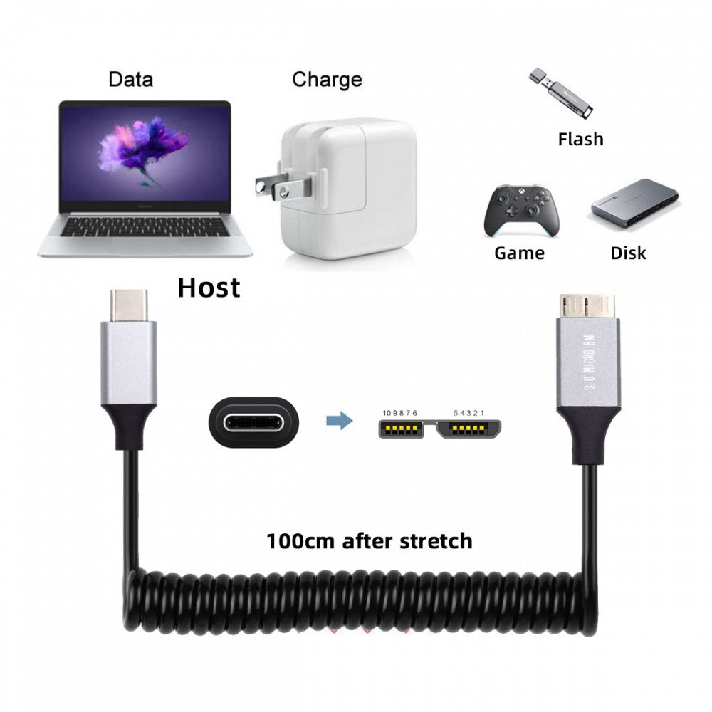 USB-C Type-C Host to Micro-USB3.0 Male OTG Stretch Coiled Cable 100cm Extension 5Gbps for Disk Phone Camera Data