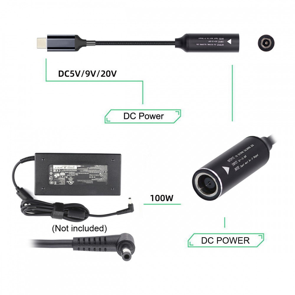 DC Jack 7.9X5.4mm Input to USB-C Type-C Power 100W Charge Cable for Laptop Phone PD9V 5V 20V