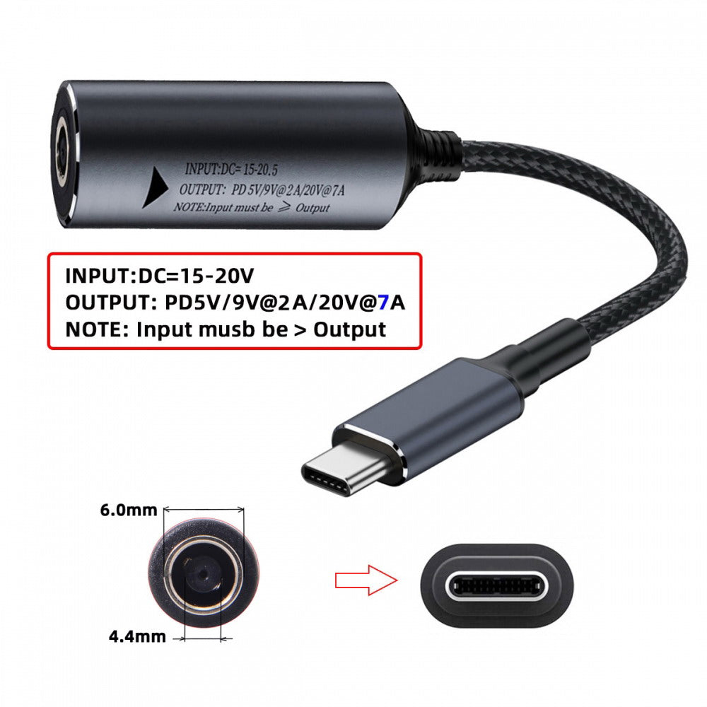 DC Jack 6.0X1.4mm Input to USB-C Type-C Power 140W Charge Cable for Laptop Phone PD9V 5V 20V7A