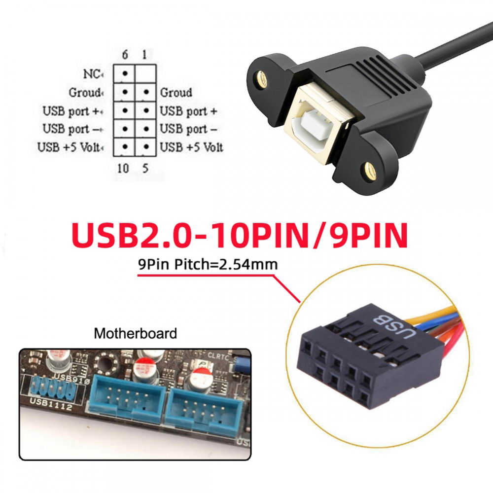 USB 2.0 Motherboard 9pin 10pin Header to Standard Type-B Female Extension cable with Nuts for Panel Mount