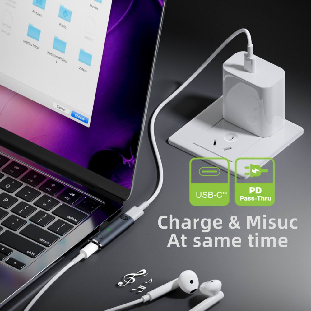 USB-C Type-C to 3.5mm Audio DAC AUX Music 16bit 48kHz & 100W PD Power Adapter for Laptop Tablet Phone
