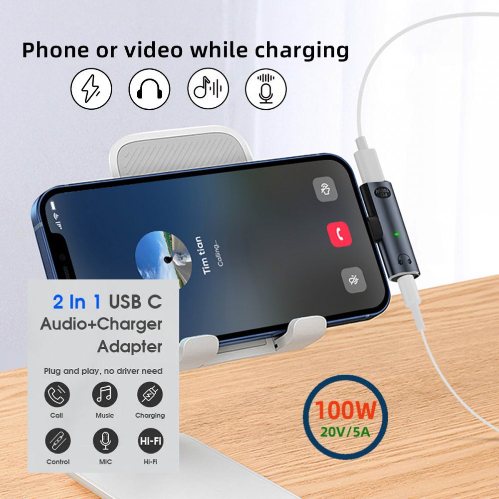 USB-C Type-C to 3.5mm Audio DAC AUX Music 16bit 48kHz & 100W PD Power Adapter for Laptop Tablet Phone