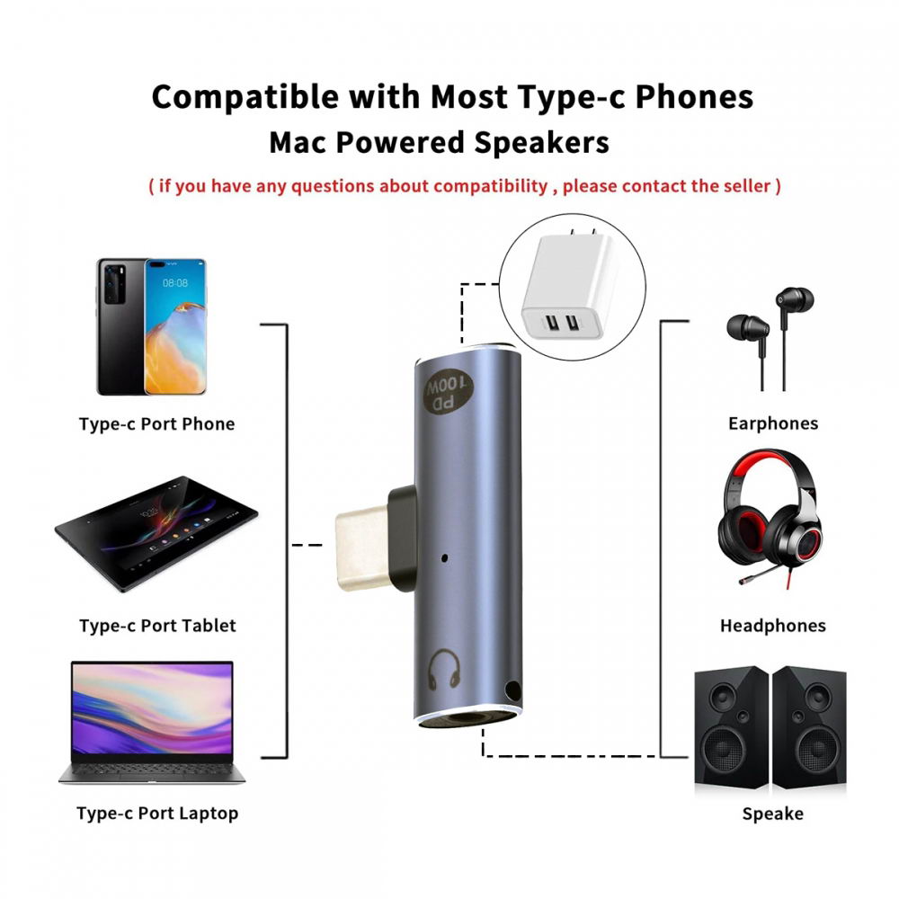 USB-C Type-C to 3.5mm Audio DAC AUX Music 16bit 48kHz & 100W PD Power Adapter for Laptop Tablet Phone