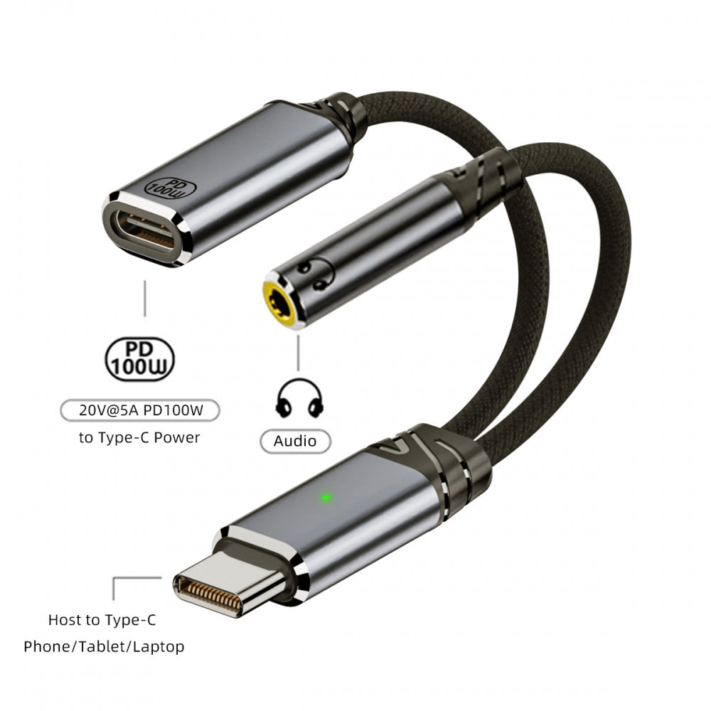 USB-C Type-C Male to 3.5mm Female Audio DAC AUX Music 16bit 48kHz & 100W PD Power Cable for Laptop Tablet Phone