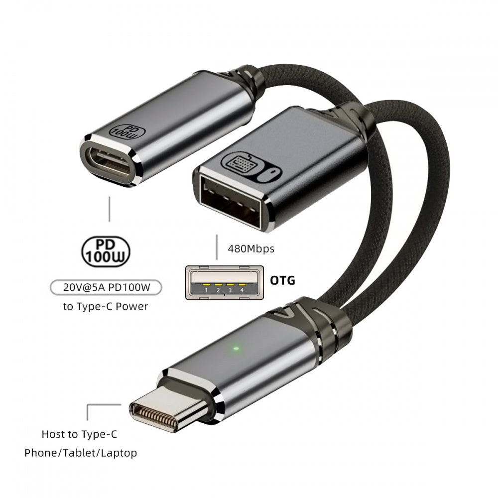 USB-C Type-C Male to 480Mbps USB 2.0 Female OTG & 100W PD Power Cable for Laptop Tablet Phone