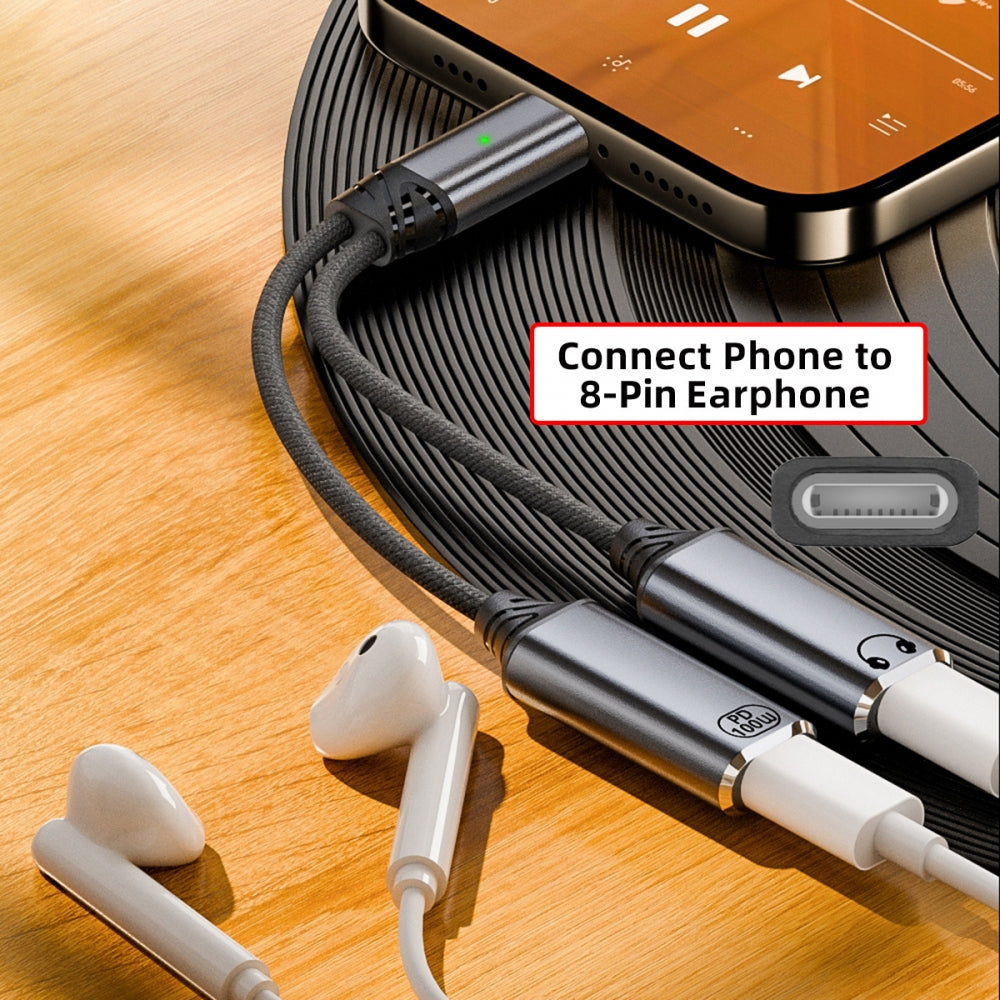 USB-C Type-C Male to 8P Female Audio DAC AUX Music 16bit 48kHz & 100W PD Power Cable for Laptop Tablet Phone