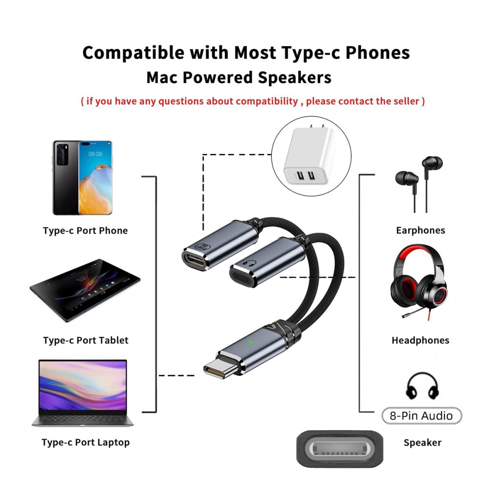 USB-C Type-C Male to 8P Female Audio DAC AUX Music 16bit 48kHz & 100W PD Power Cable for Laptop Tablet Phone