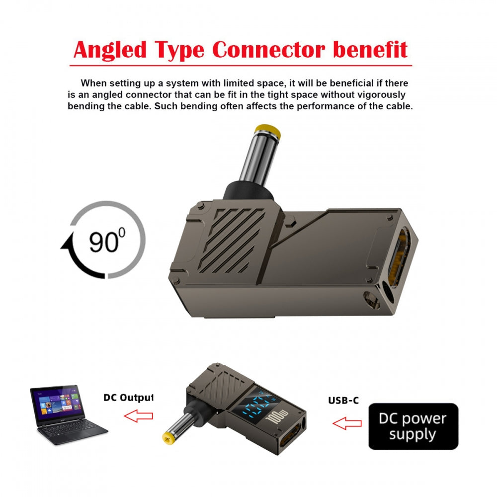 Type-C USB-C Input to DC 4.0x1.7mm Jack Smart LED Display 100W Output Power 20V 5A PD Charge 65W Adapter for Laptop