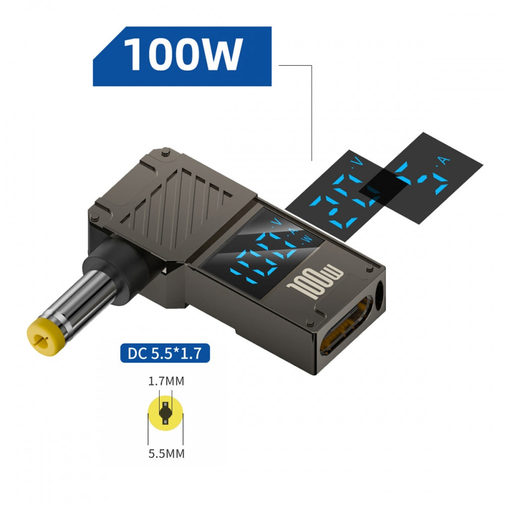 Type-C USB-C Input to DC 5.5x1.7mm Jack Smart LED Display 100W Output Power 20V 5A PD Charge 65W Adapter for Laptop