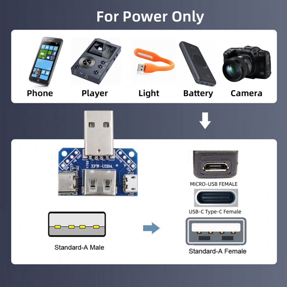 USB2.0 1-to-3 Power Type-A Male To Female Type-A & Micro USB & USB-C Type-C Adapter PCBA