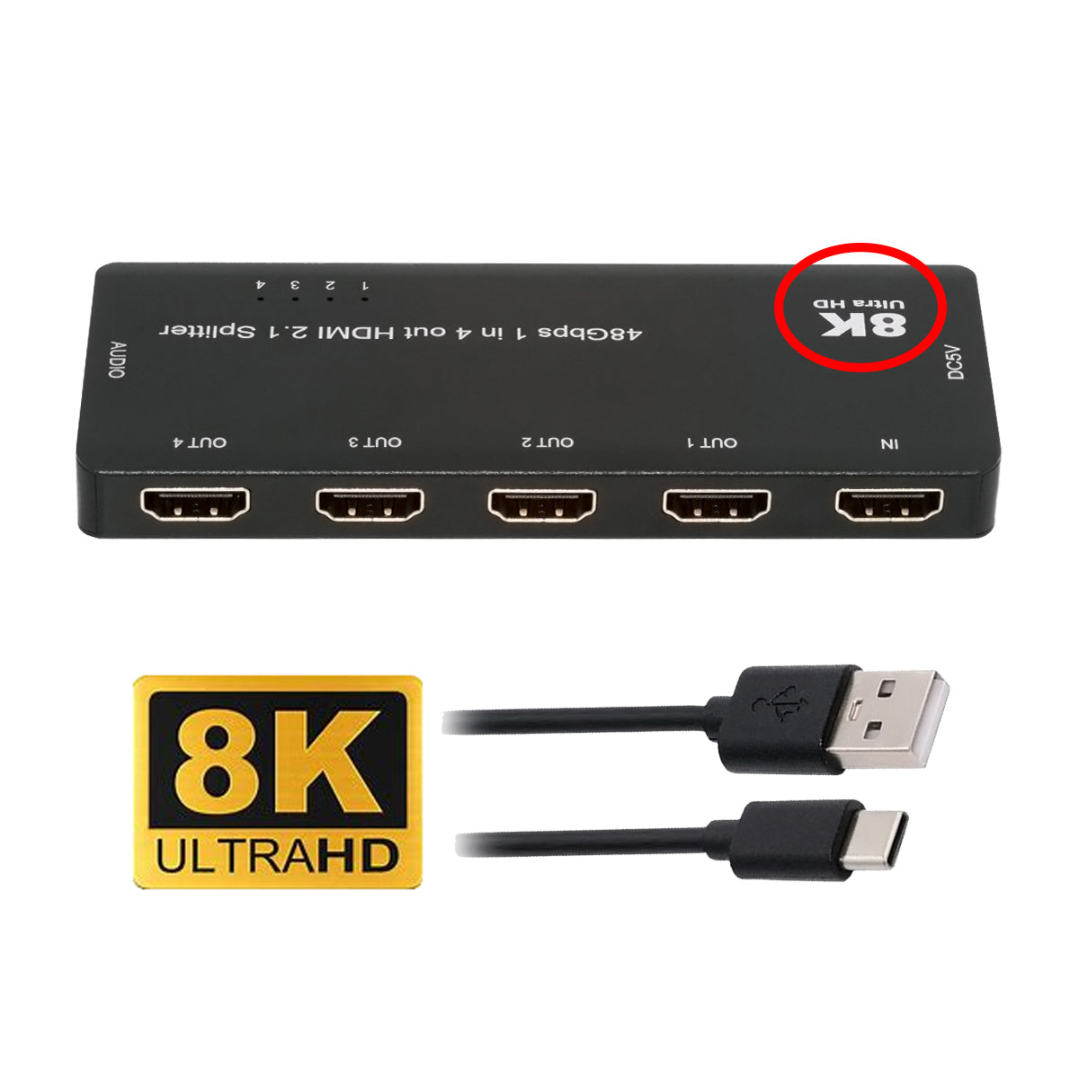 HDMI Splitter 8K 60hz Ultra-HD Converter Compatible 2.1 Switch 1-IN-4-OUT 48Gbps UHD Hub Support HDCP SST Extended 4K@120hz 3.5mm Audio