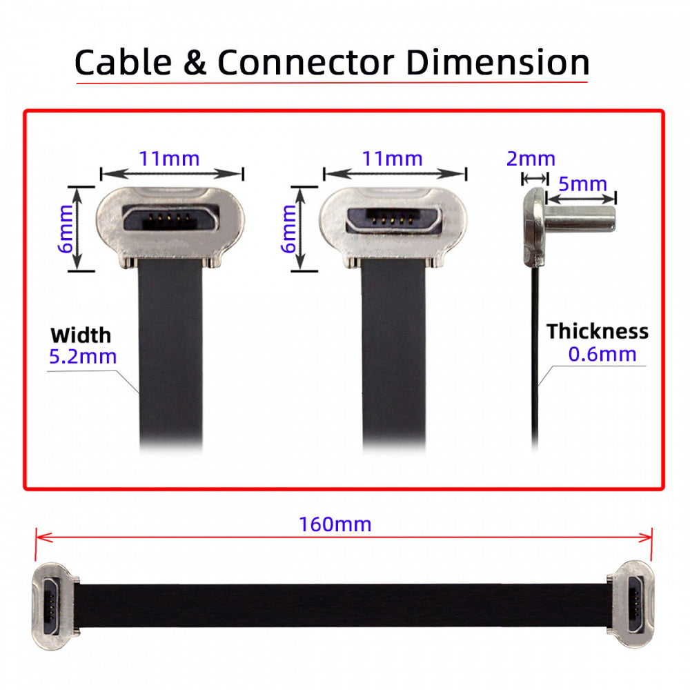 Micro USB2.0 Male to Micro USB Male 5Pin Ultra Slim Flat Data Charge Cable 16cm Down to Up Angle 90 Degree Connector