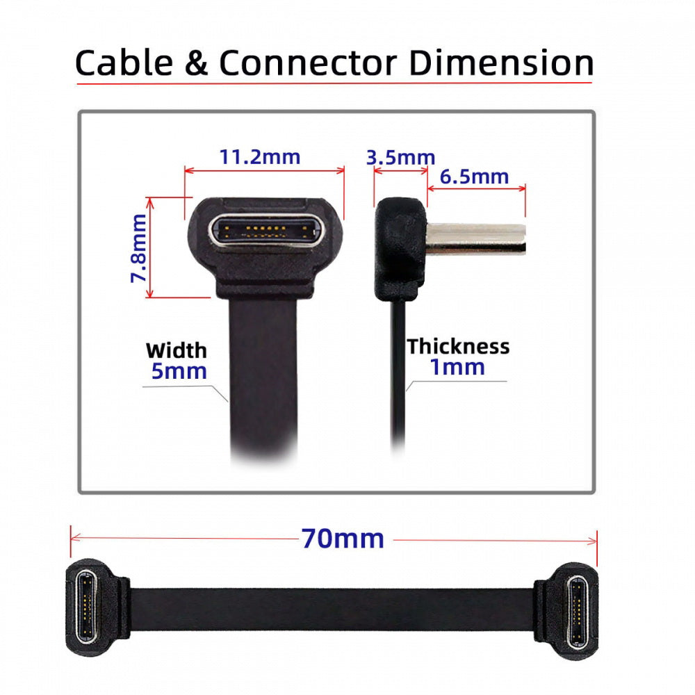 2pcs/lot Angled USB-C Type C to USB-C Ultra Slim Flat Power USB2.0 Data Cable 65W Fast Charge for Laptop Tablet Phone