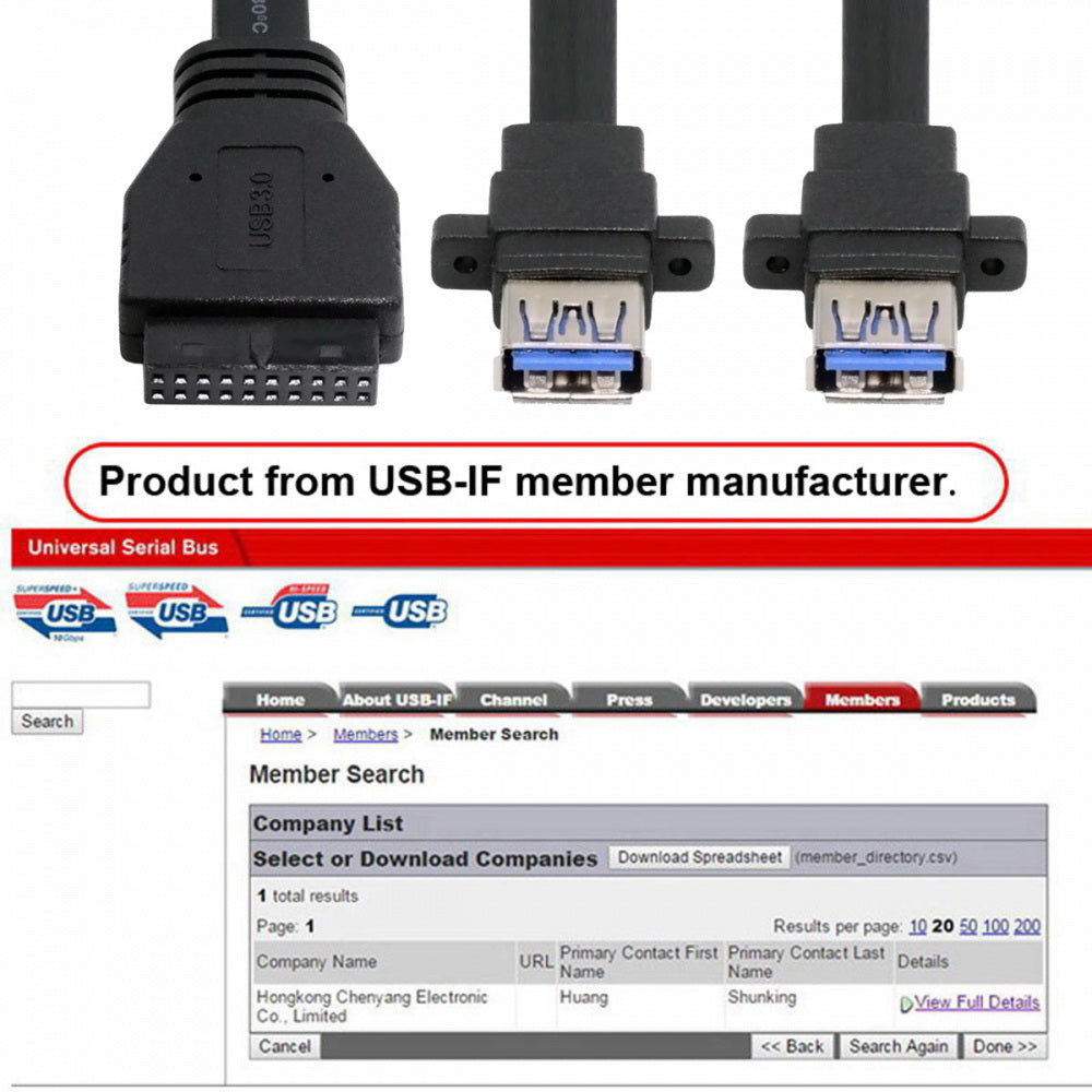 Ultra Flat Slim Dual Port USB 3.0 Female Type-A Panel Type to Motherboard 20Pin 19Pin Header Cable 50cm