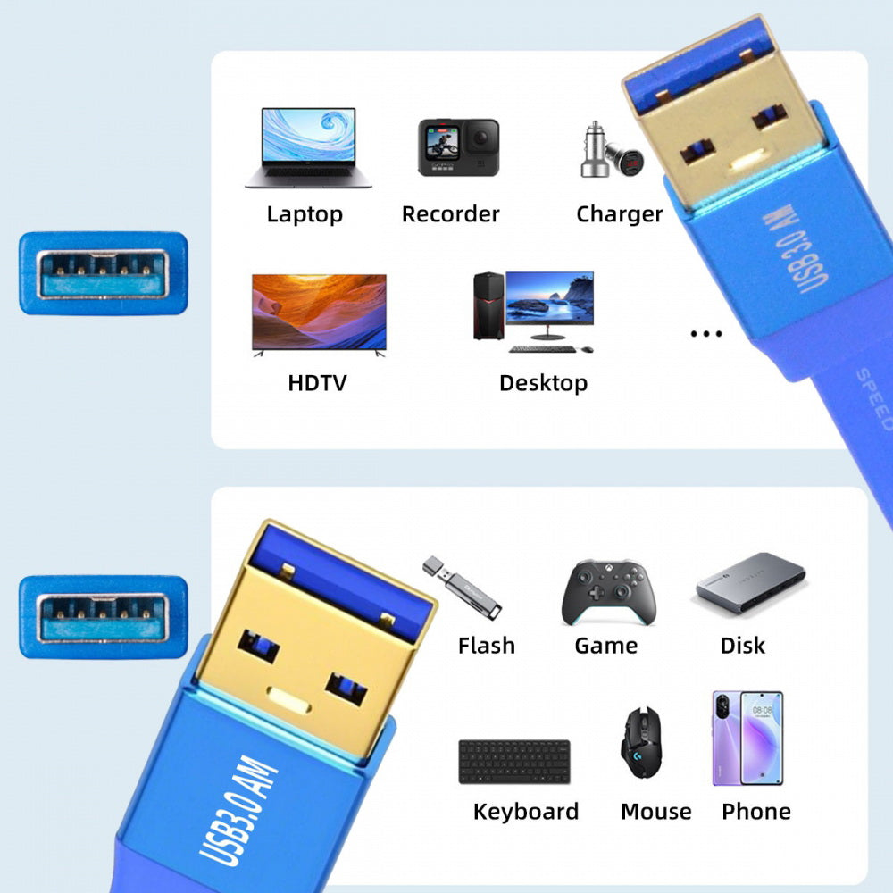 Ultra Flat Slim USB 3.0 Type-A Male to USB3.0 A Male Cable Extension Blue 5Gbps for Disk SSD Camera Data