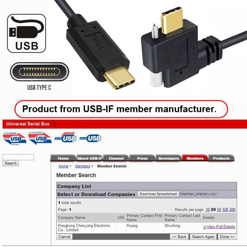 USB 3.1 Type-C Male to Single Thumbscrew Locking USB-C Horizontal 90 Degree Left Right Angled 10Gbps Data Cable Panel Mount Type