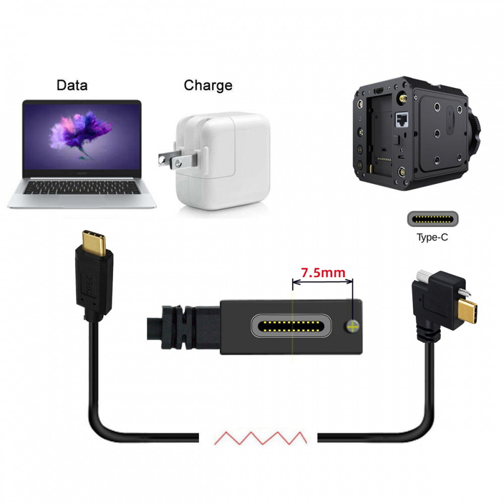 USB 3.1 Type-C Male to Single Thumbscrew Locking USB-C Horizontal 90 Degree Left Right Angled 10Gbps Data Cable Panel Mount Type