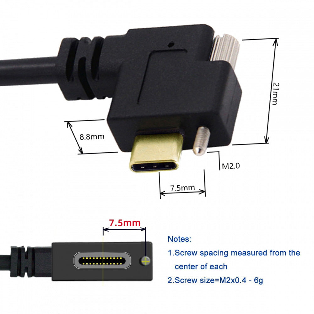 USB 3.1 Type-C Male to Single Thumbscrew Locking USB-C Horizontal 90 Degree Left Right Angled 10Gbps Data Cable Panel Mount Type