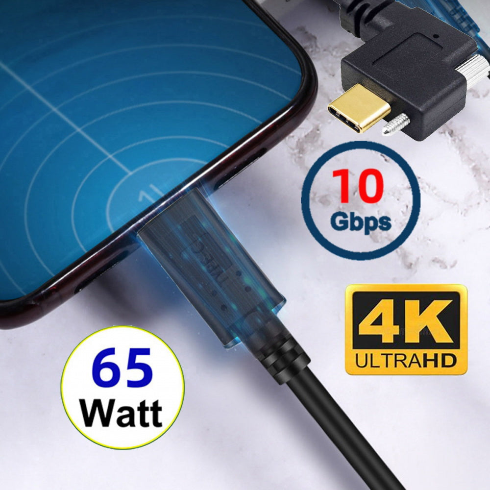 USB 3.1 Type-C Male to Single Thumbscrew Locking USB-C Horizontal 90 Degree Left Right Angled 10Gbps Data Cable Panel Mount Type