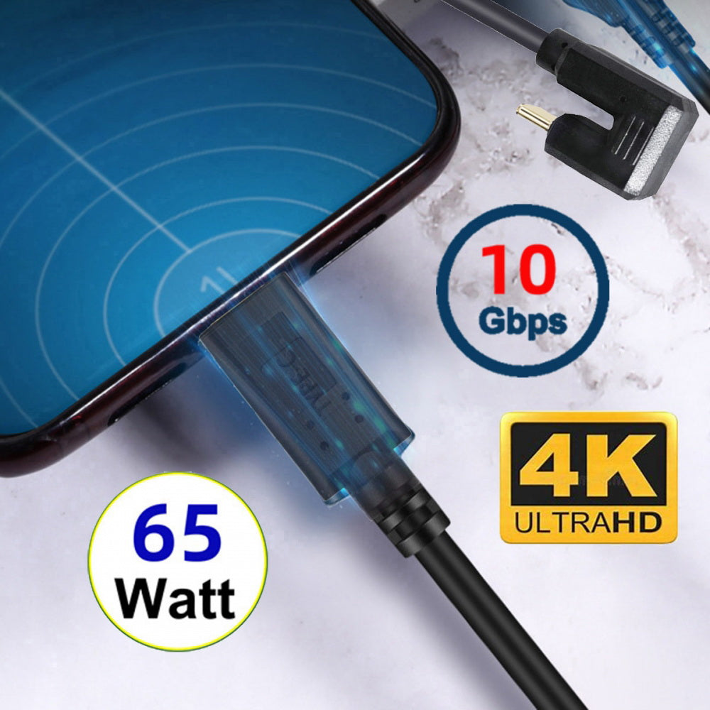 USB3.1 Type-C Male to USB-C 360 Degree Opposite Back Angled 10Gbps Data 4K Cable 65W