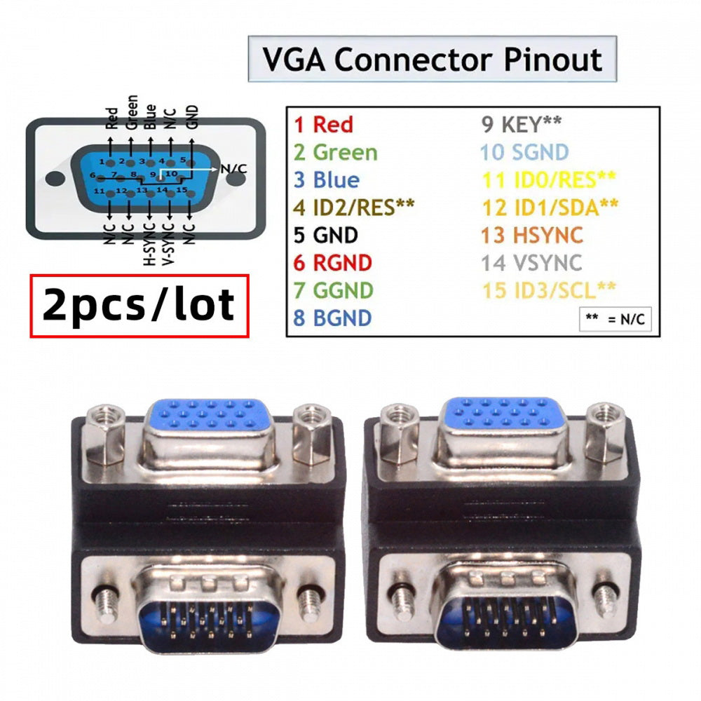 2pcs/lot Up & Down Angled 90 Degree VGA RGB HDB15Pin Screw Type Male to Female Nut Type Extension Adapter for Monitor Displays
