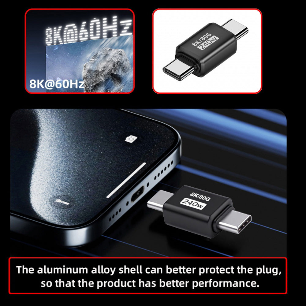 USB5.0 80Gbps Male to Male Extension Adapter with 240W 16K 8K 5K Compatible with USB4.0 Thunderbolt3/4/5