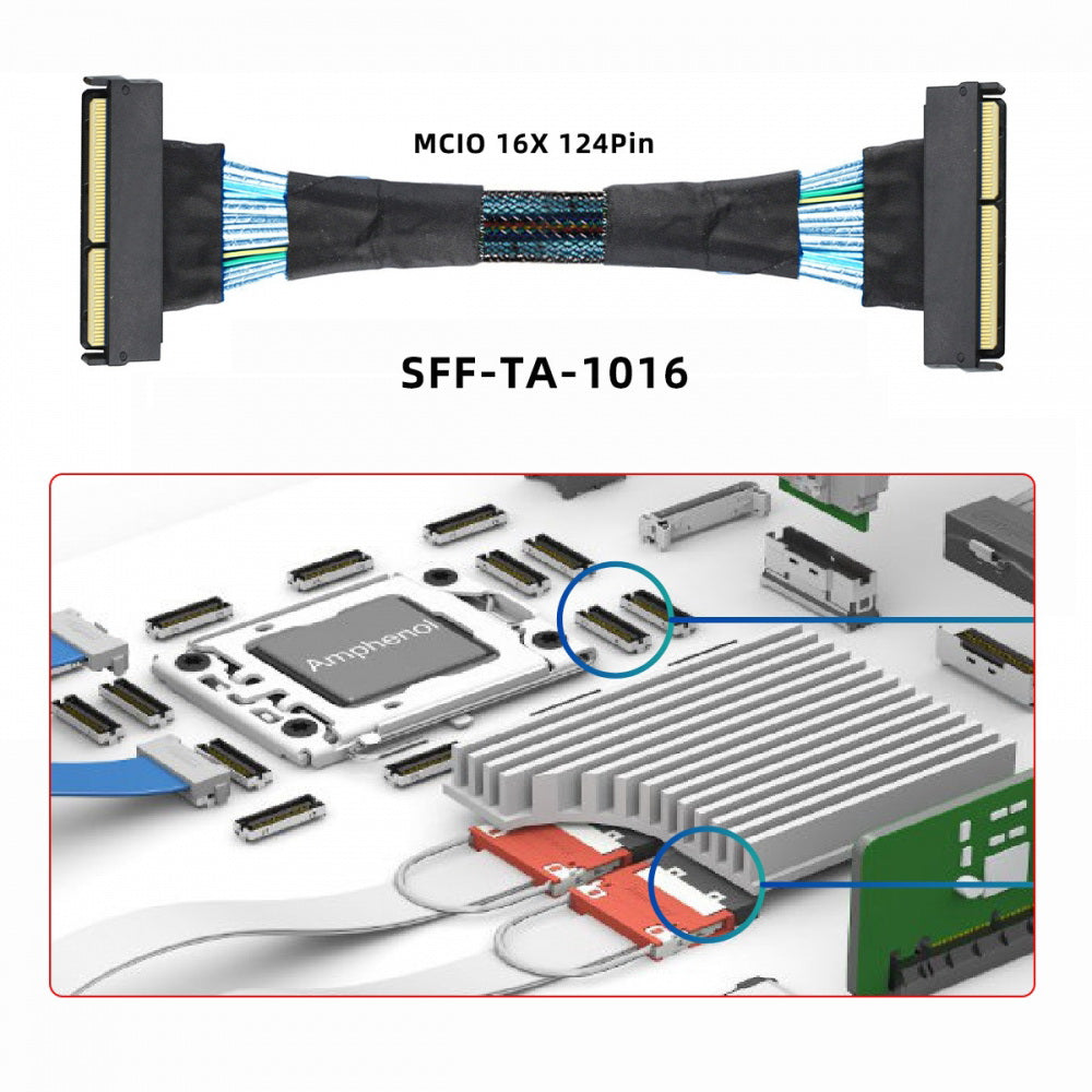 PCI-E 5.0 Mini Cool Edge IO MCIO STR PCI-E 16x 124Pin Male to MCIO 124Pin Male Extender Cable 50cm with Pull Tab