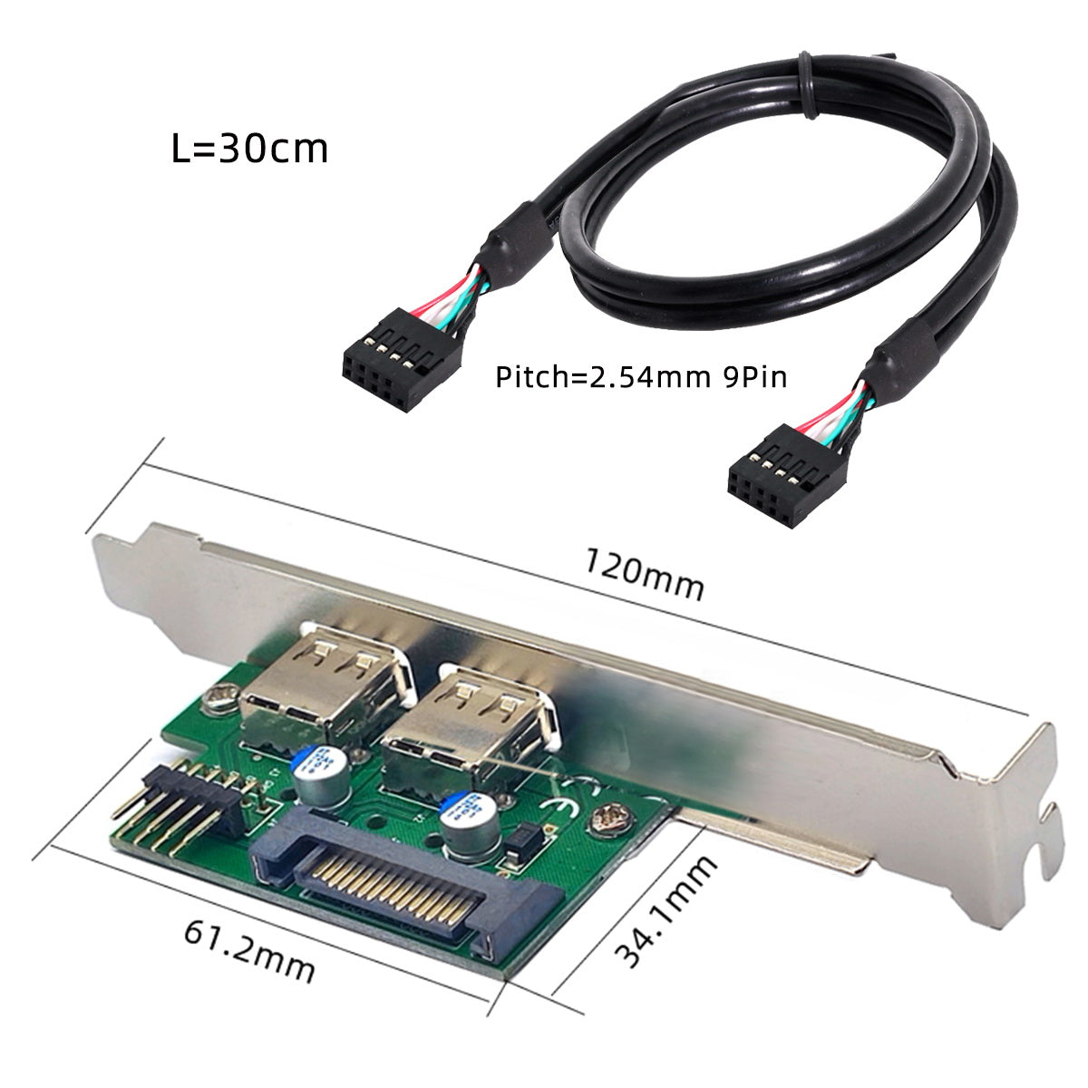 Internal Dual USB2.0 Female Mount Panel to Motherboard 9pin Baffle Cable with Extral SATA Power and 12cm Bracket