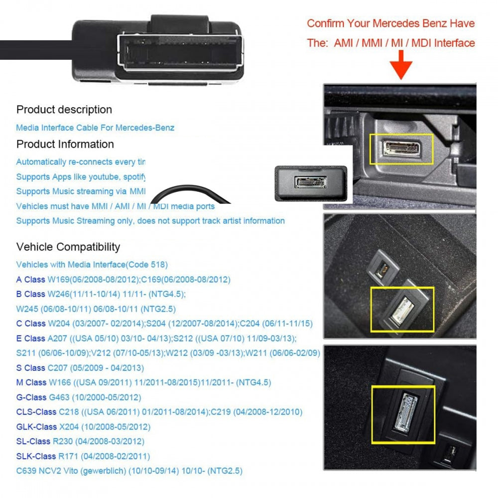 AMI MDI to 3.5mm Audio AUX Male Music Cable Compatible with Benz 2008-2016 Music Interface 1.3m