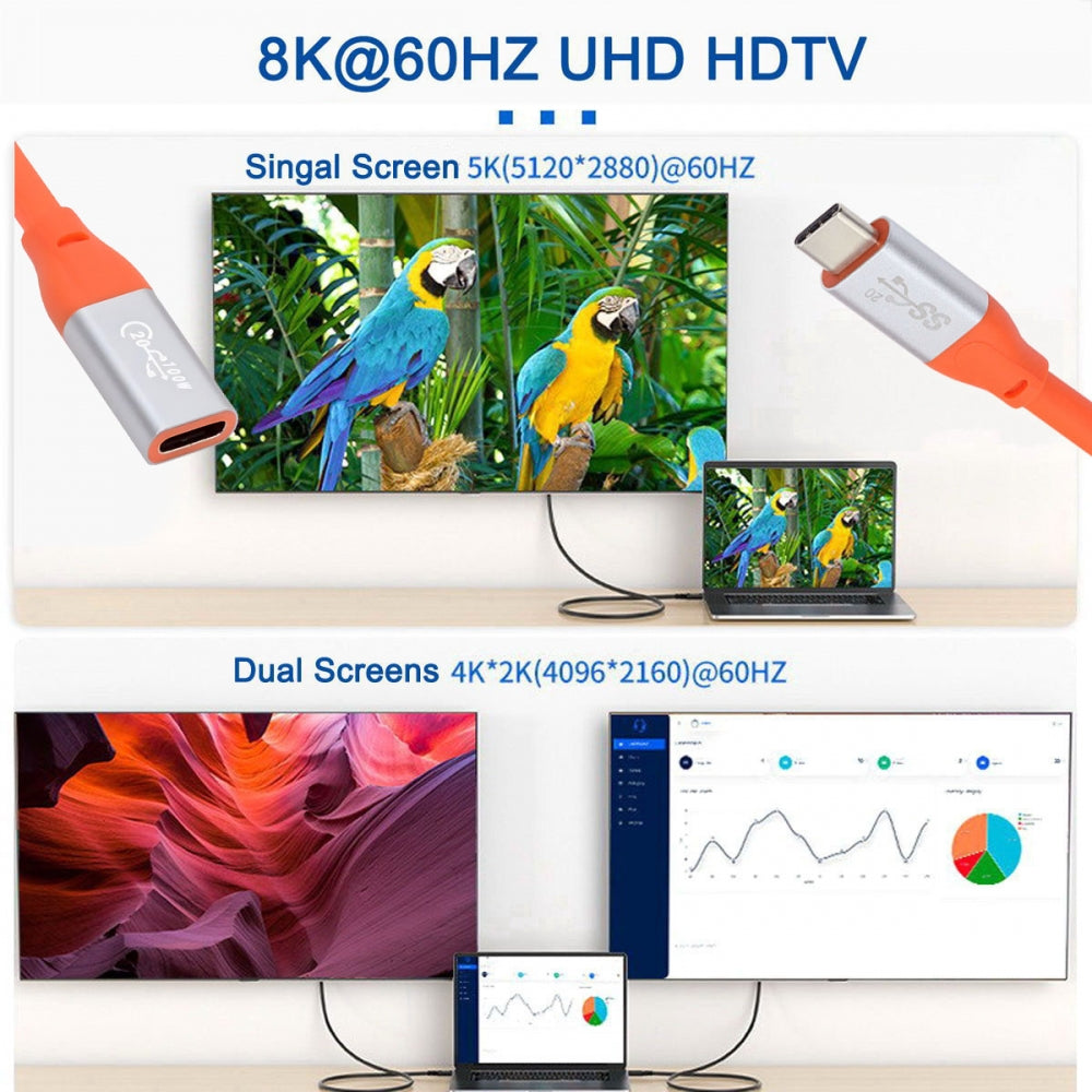 USB3.2 Male to Female Extension Cable 20Gbps Ultra Soft High Flex with 100W and 8K 5K USB4.0 Type-C Compatible with Thunderbolt3/4
