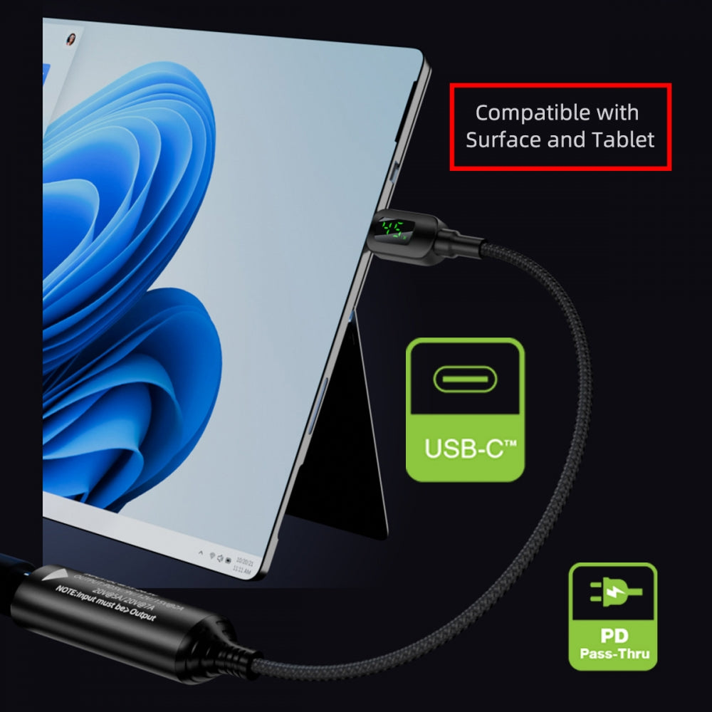 DC Jack 6.0x1.4mm Input to USB-C Type-C Power 140W Smart LED Display Charge Cable for Laptop Phone PD9V/5V/20V/7A
