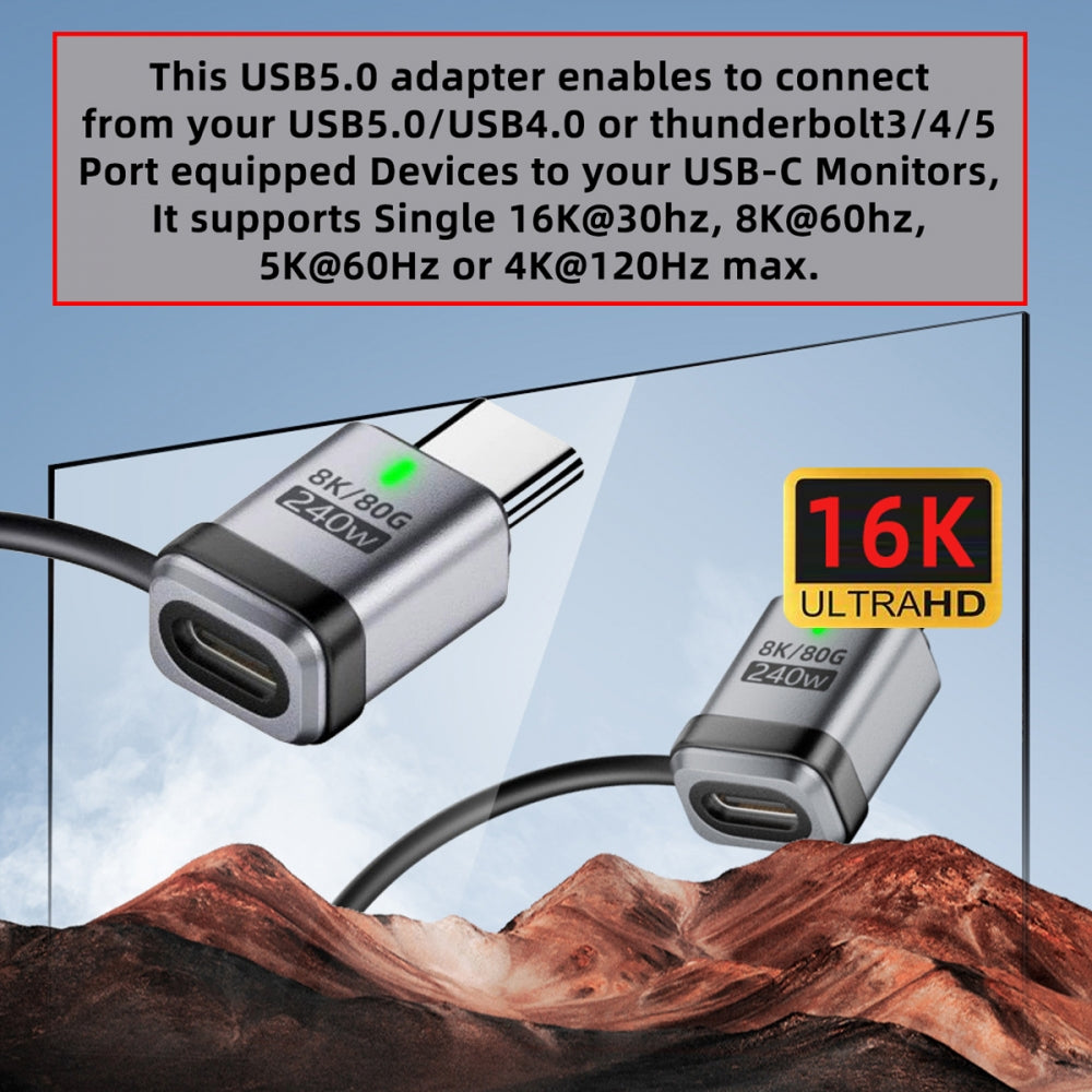 90 Degree USB5.0 80Gbps Male to Female Straight Extension Adapter with Lanyard Keychain 240W 16K 8K 5K Compatible with USB4.0 Thunderbolt3/4/5