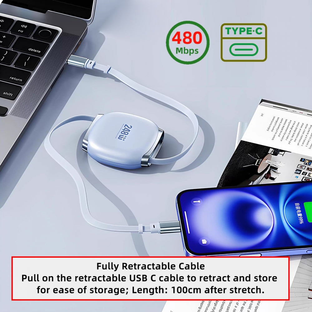 Retractable Stretch Coiled USB-C Cable 480Mbps 240W for Laptop Phone Tablet Type-C Male to Male Cable Power & Data