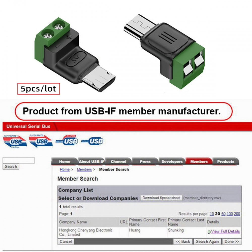 5pcs/set DIY OEM Micro USB 5Pin Male Connector to 2Pin Terminal DIY OEM Repair Solderless Connector DC 5V Power