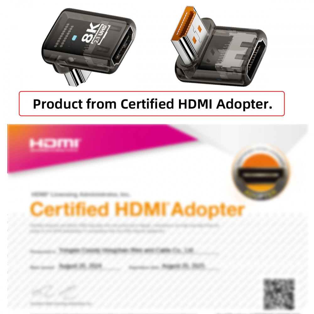 Down Angled 90 Degree Low Profile HDMI Male to HDMI 2.1 Female UHD Extension Adapter Extender Transparent with Smart LED 8K 60hz HDTV