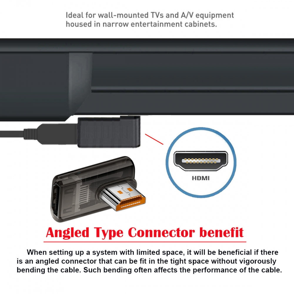 Left Angled 90 Degree Low Profile HDMI Male to HDMI 2.1 Female UHD Extension Adapter Extender Transparent with Smart LED 8K 60hz HDTV