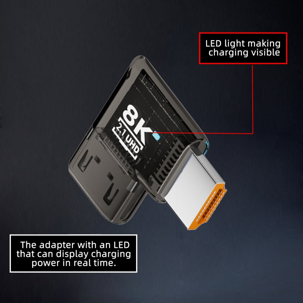 Right Angled 90 Degree Horizontal HDMI Male to HDMI 2.1 Female UHD Extension Adapter Extender Transparent with Smart LED 8K 60hz HDTV