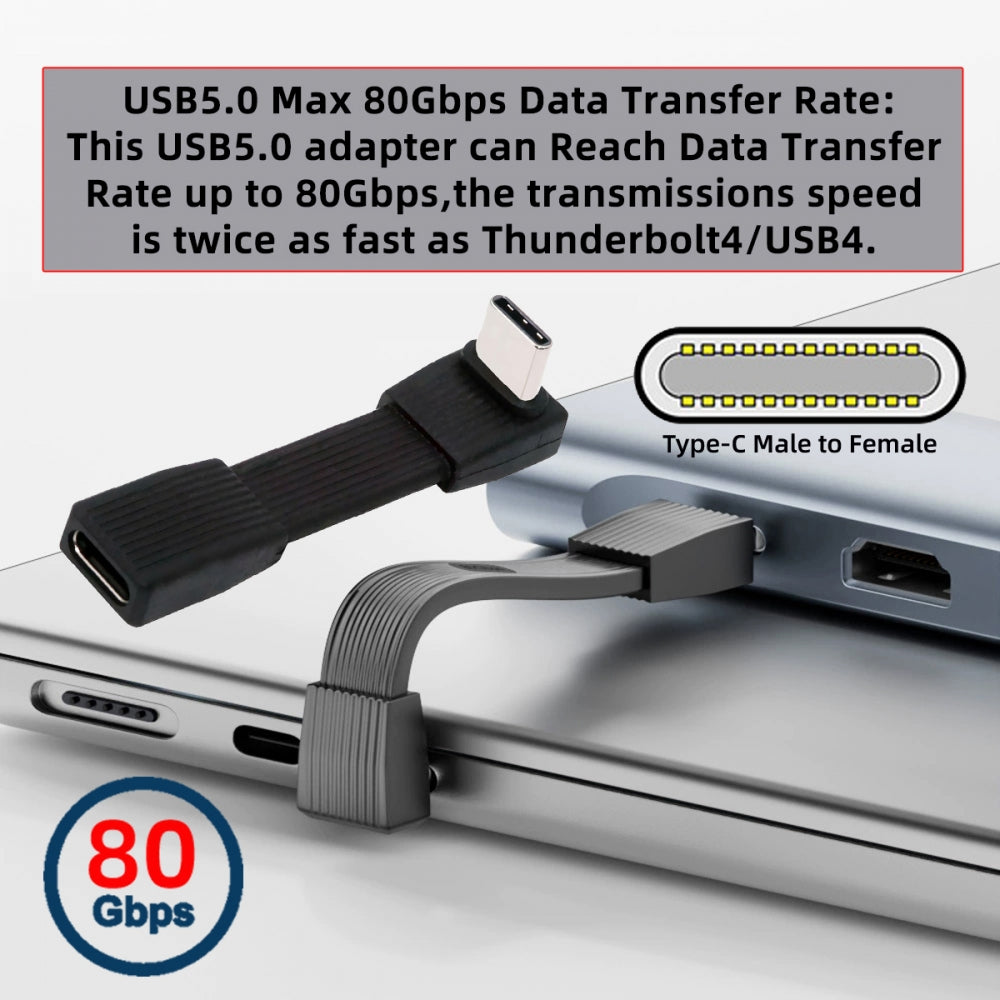 USB5.0 80Gbps Flat Slim FPC Male to Female Extension Cable Up Angled 90 Degree 240W 16K 8K 60Hz 5K Compatible with 40Gbps USB4.0 Thunderbolt3/4/5