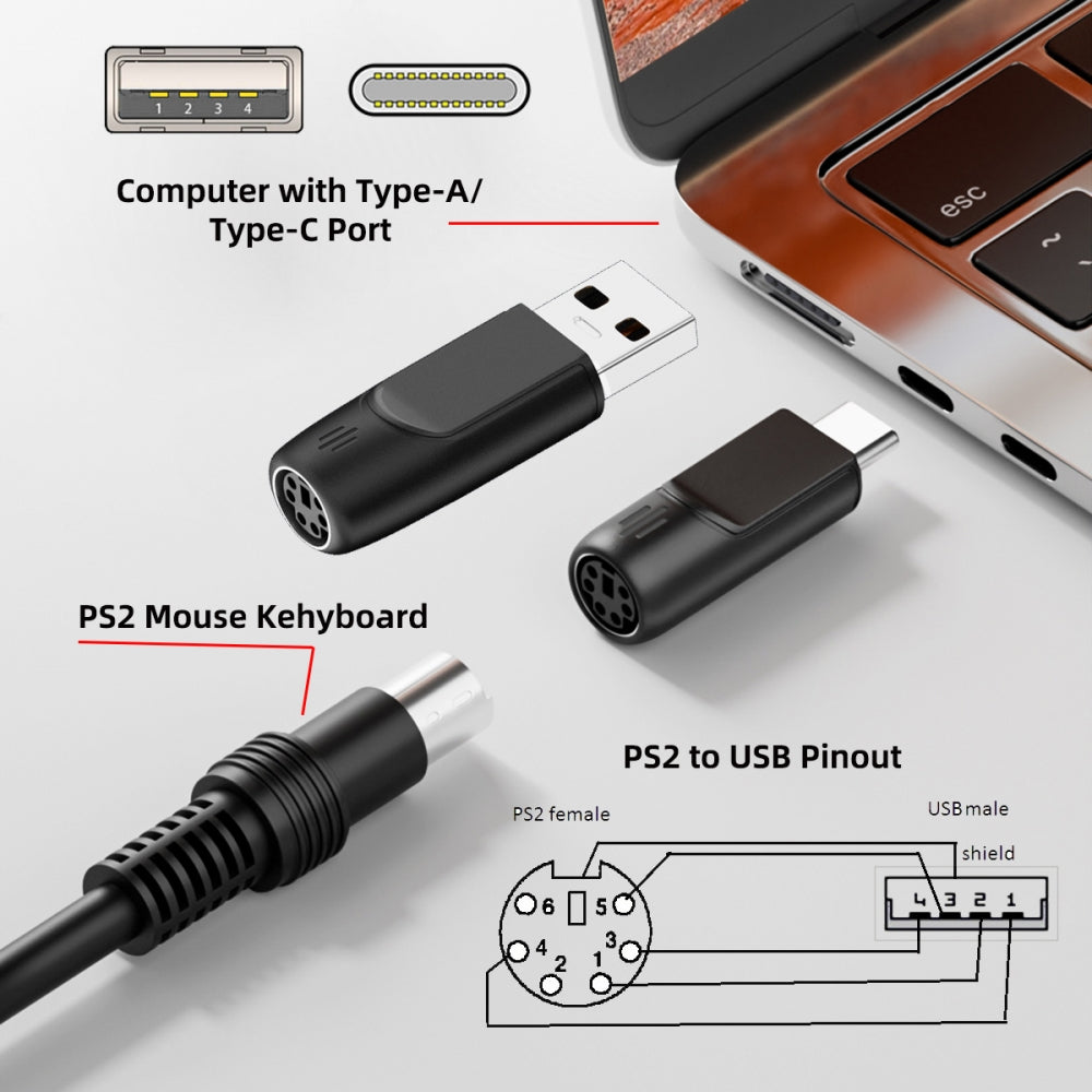 4pcs/lot USB 2.0 Type-A Type-C USB-C to PS2 Keyboard PS/2 Mouse Male to Female Adapter Mini-Din 6Pin