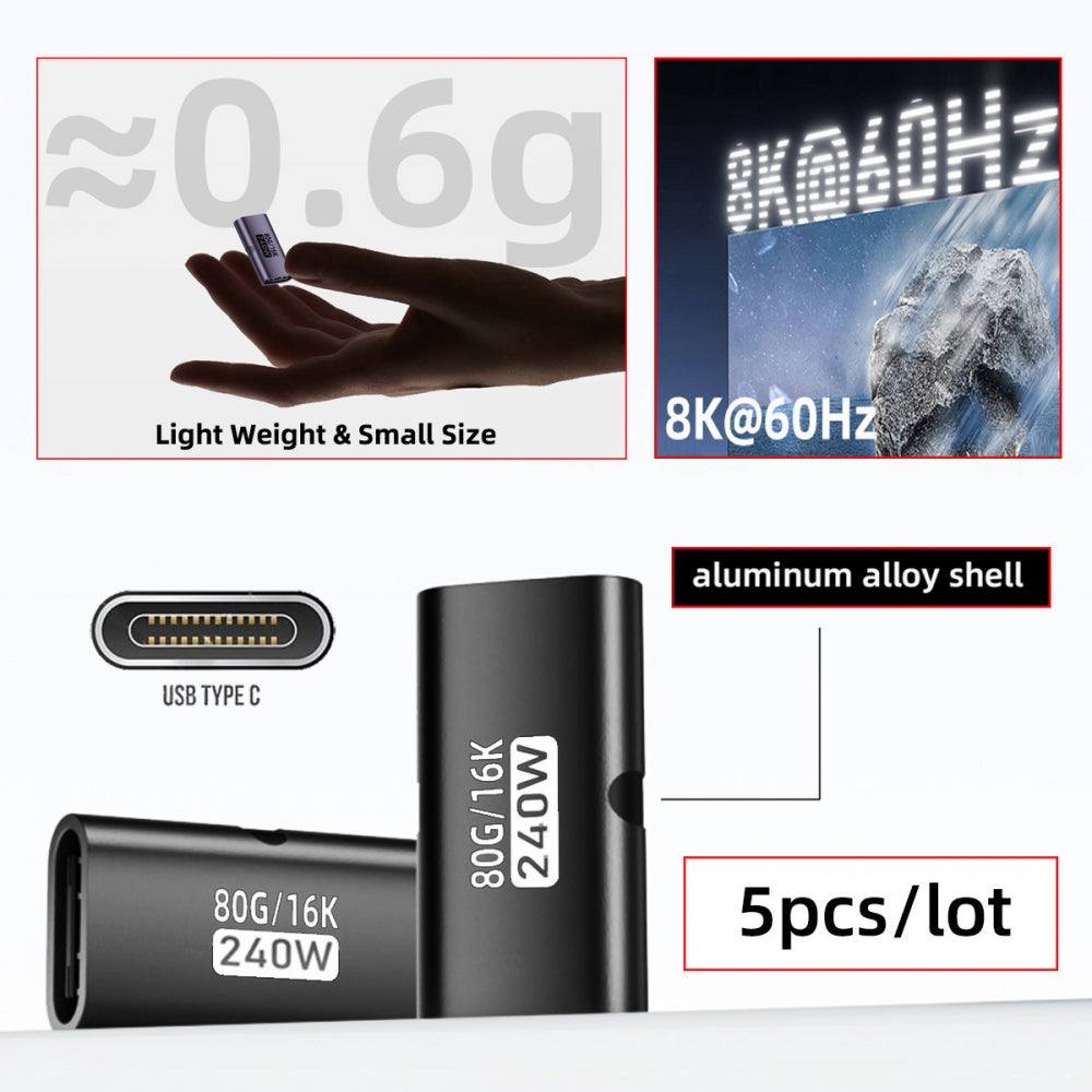5pcs/lot USB5.0 80Gbps Female to Female Extension Adapter with 240W 16K 8K 5K Compatible with USB4.0 Thunderbolt3/4/5