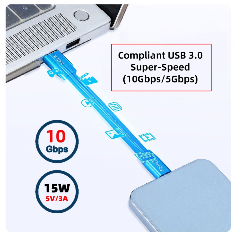 Ultra Flat Slim USB 3.0 Type-A Male to USB-C Type-C Male Cable Data Blue 10Gbps for Laptop Computer Disk SSD Camera