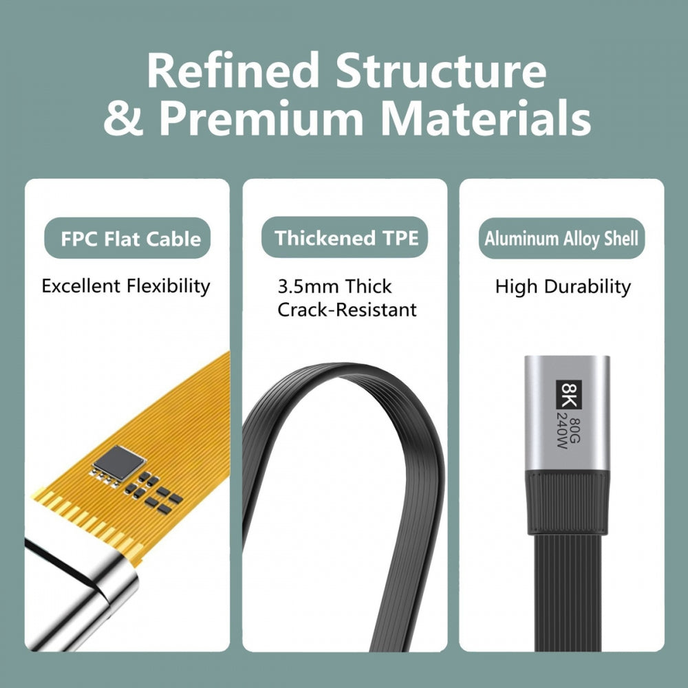 20cm USB5.0 80Gbps Flat Slim FPC Male to Female Extension Cable 240W 16K 8K 60Hz 5K Compatible with 40Gbps USB4.0 Thunderbolt3/4/5
