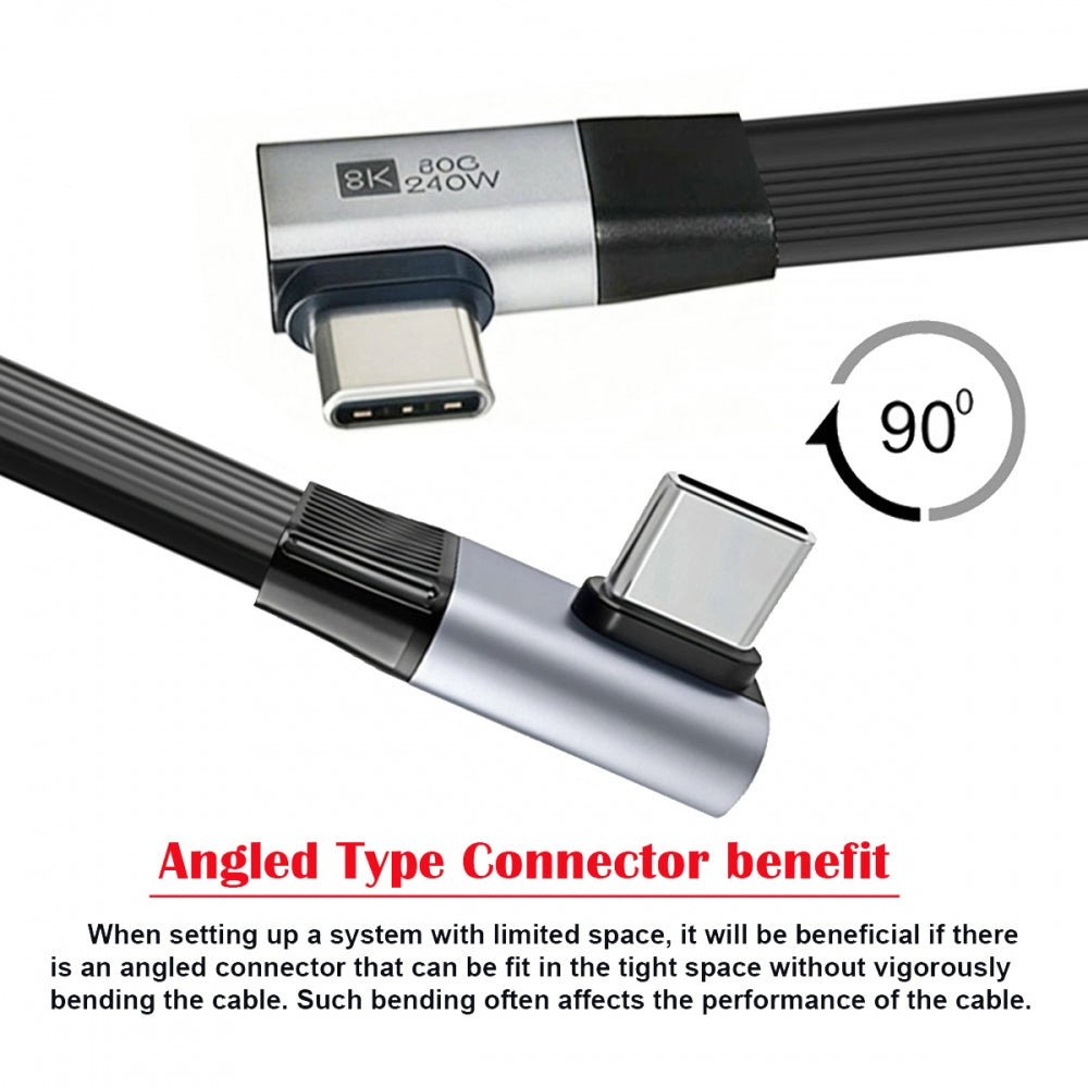 20cm USB5.0 80Gbps Flat Slim FPC Male to Male Extension Cable Low Profile to Right Angled 90 Degree 240W 16K 8K 60Hz 5K Compatible with 40Gbps USB4.0 Thunderbolt3/4/5