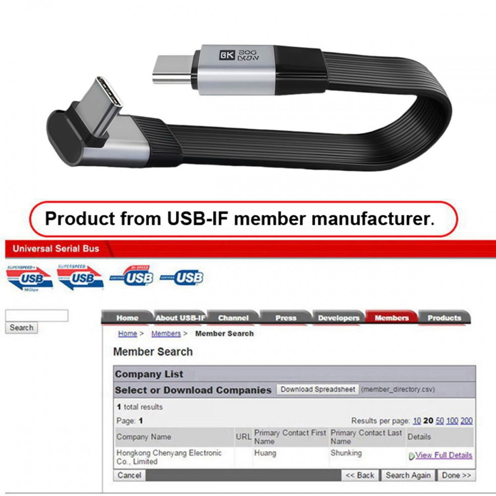 20cm USB5.0 80Gbps Flat Slim FPC Male to Male Extension Cable Up Angled 90 Degree 240W 16K 8K 60Hz 5K Compatible with 40Gbps USB4.0 Thunderbolt3/4/5