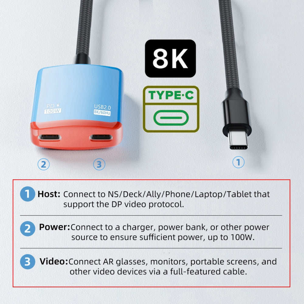 USB-C Type-C 1-to-2 VR AR Glass OTG 8K Video USB-C Female 100W PD Power Cable for NS Handheld Console Laptop Tablet Phone