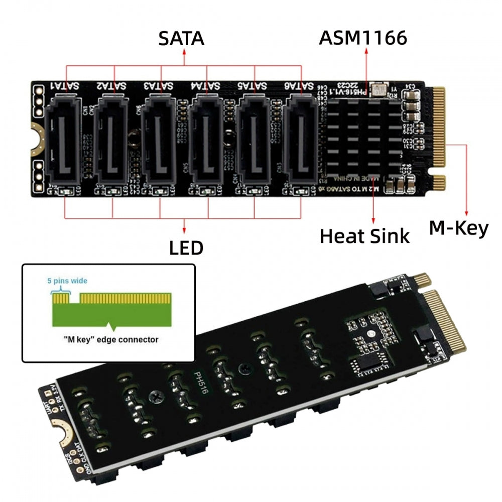 NGFF NVME M-Key PCI Express to SATA 3.0 6Gbps 6 Ports Adapter Converter Hard Drive Extension Card 2280