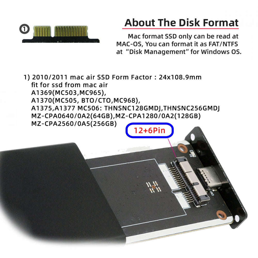 USB3.0 Type-C 5Gbps to 12+6Pin Mobile Box USB-C Enclosure for MAC Air Pro 2010 2011 SSD Portable Case