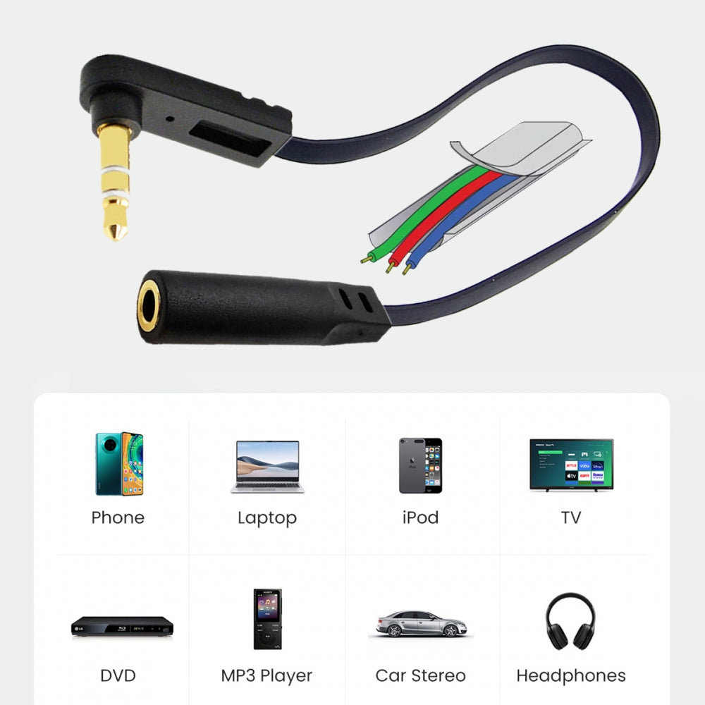 Ultra Slim Flat AUX 3.5mm 3-Poles Audio Stereo Male to Female Extension Speaker Cable 90 Degree Right Angled 15cm