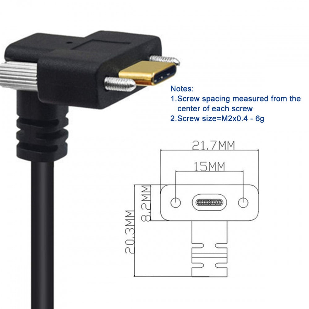 USB 3.1 Type-C Male Dual Screw to Dual Thumbscrew Locking USB-C Up Down Angled 90 Degree 10Gbps Data Cable Panel Mount Type